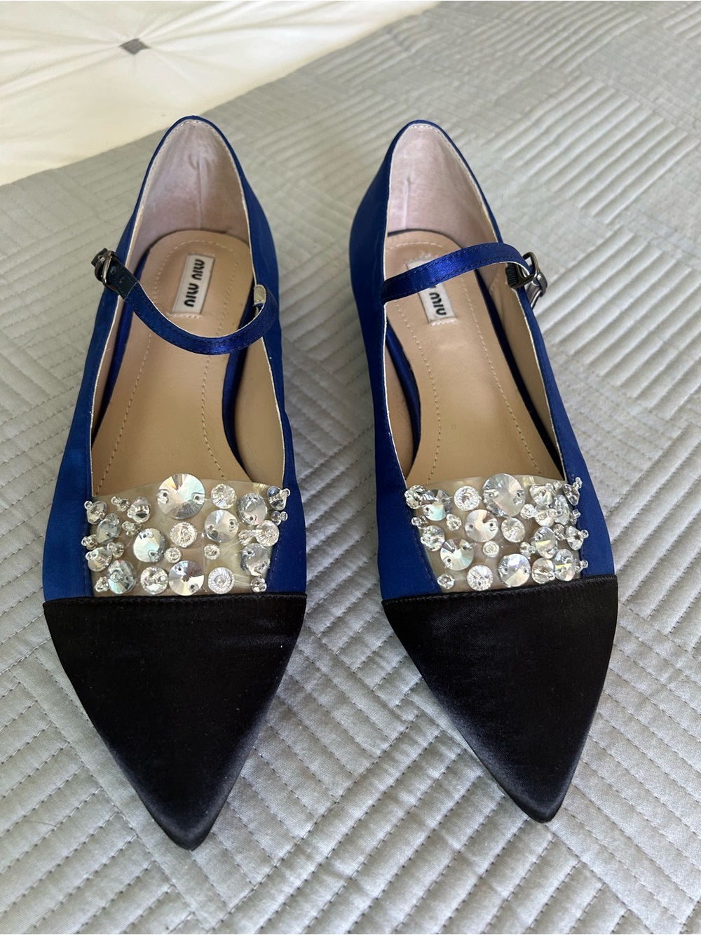 Authentic Miu Miu Navy Blue and Black Jeweled Pointed Mary Jane Flats